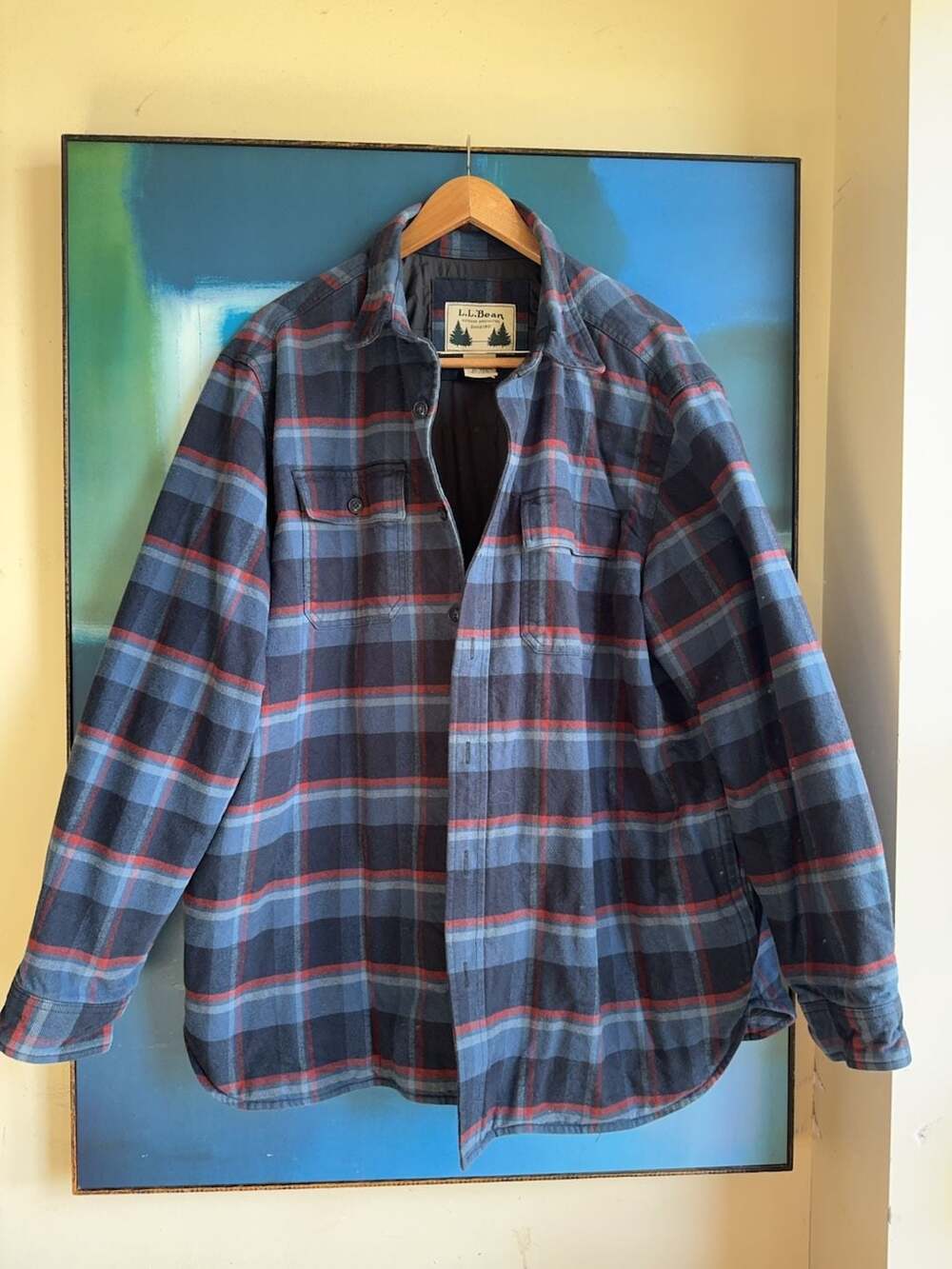 L.L.Bean Quilted Lined Flannel Shirt Jacket Blue Plaid XL-REG